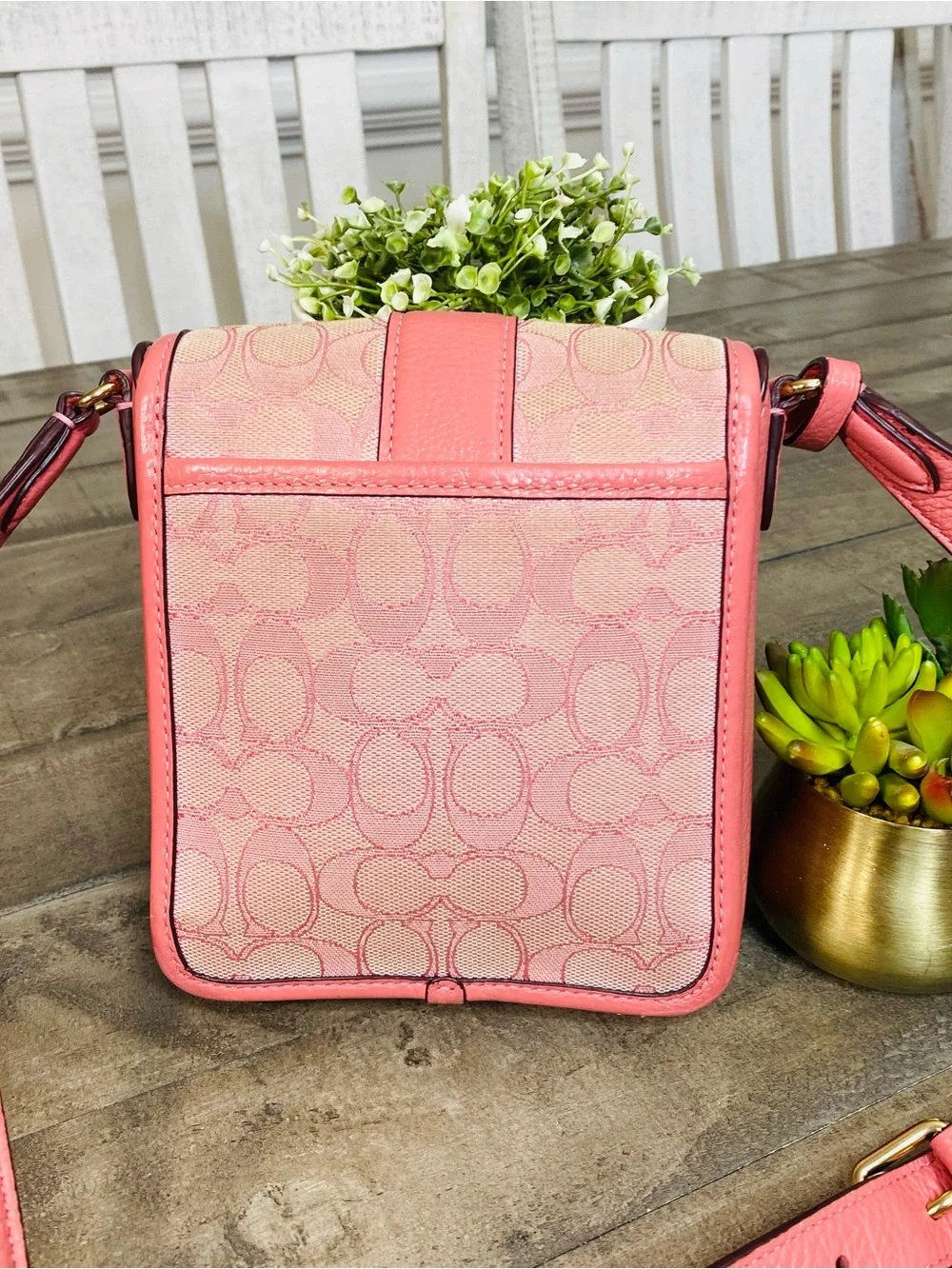 Coach Lonnie North South Crossbody Bag Pink Signature Jacquard Pebble Leather